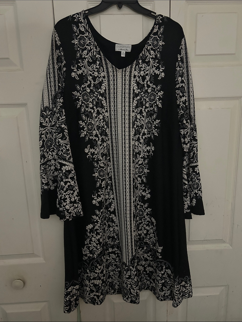 Signature by Robbie Bee Black Dress with White Floral Border and Stripe Detail
